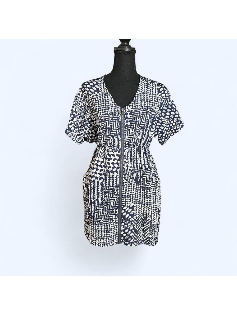Y2K Open Back Zip Front Mini Dress Tribal Print Relaxed Fit Small 🔥